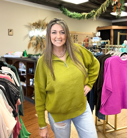 Chartreuse Long Sleeve Half Zip Sweater