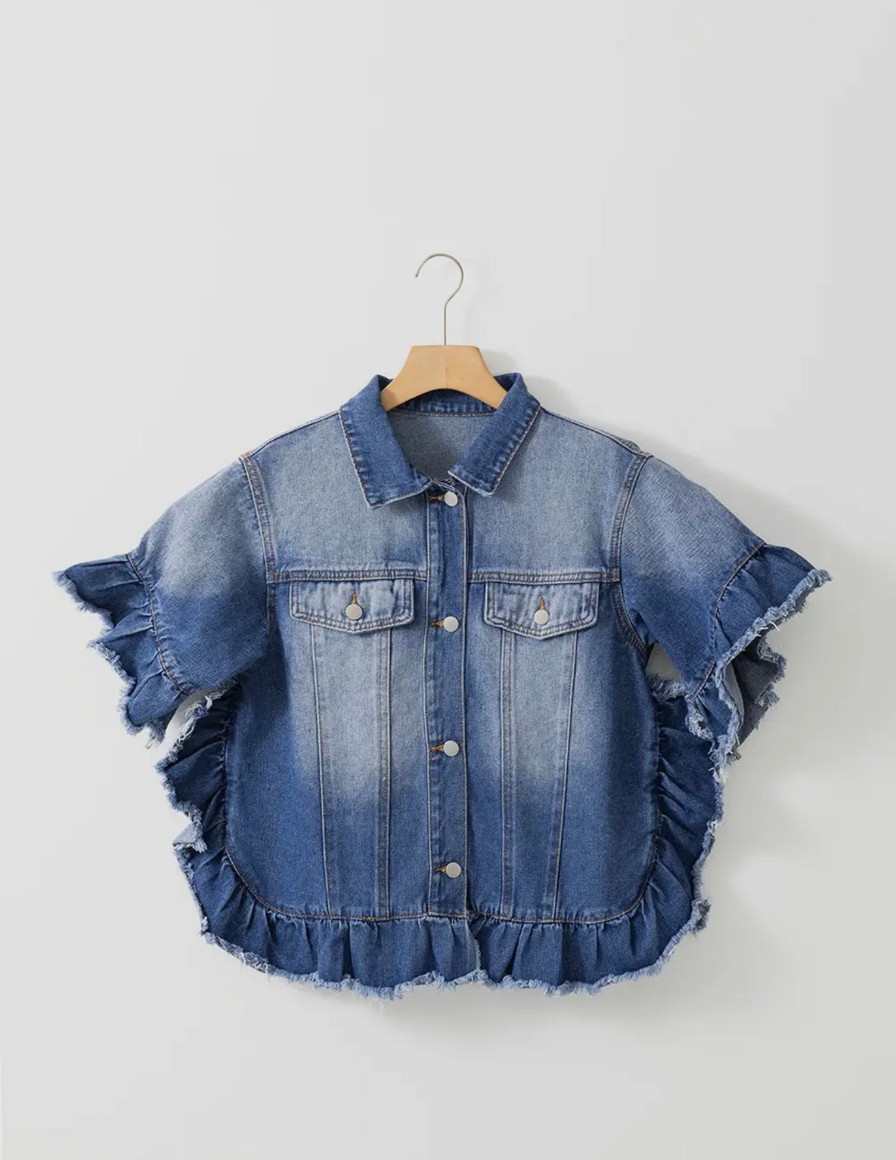 Rachel Raw Edge Ruffled Short Sleeve Denim Jacket