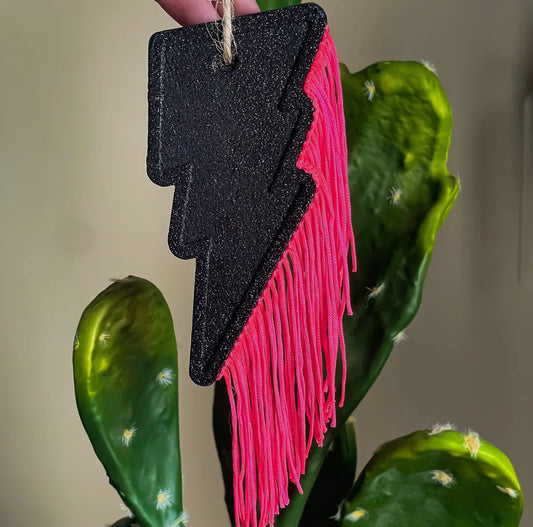 Black Glitter Lightening Bolt with Pink Fringe