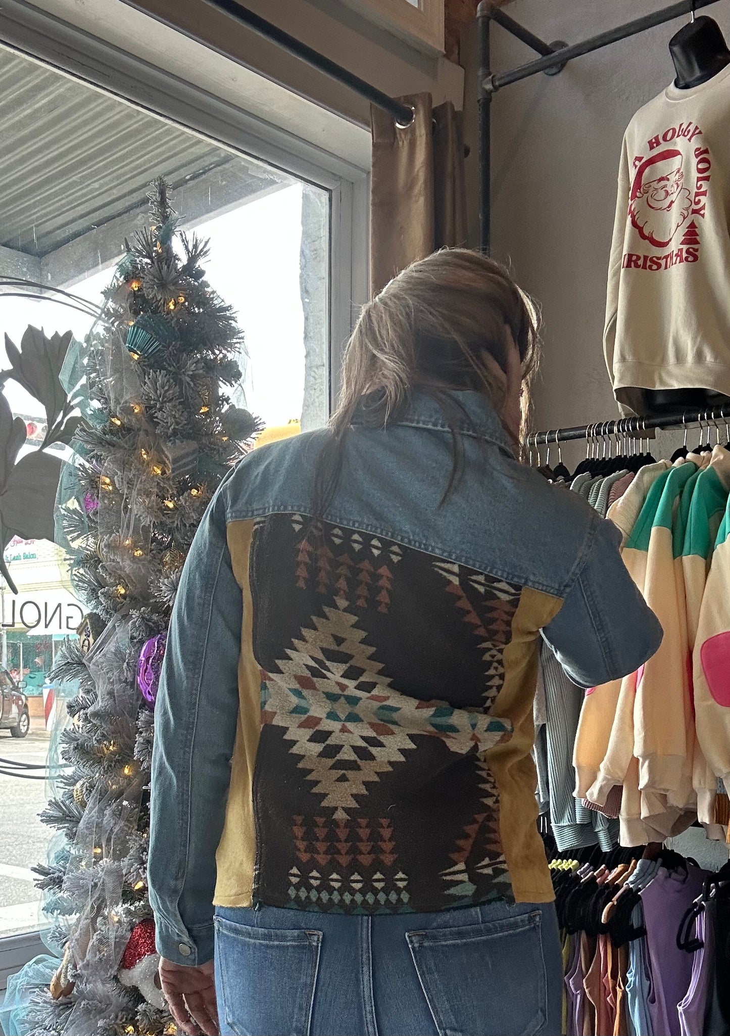 Denim Jacket with Aztec Print and Suede