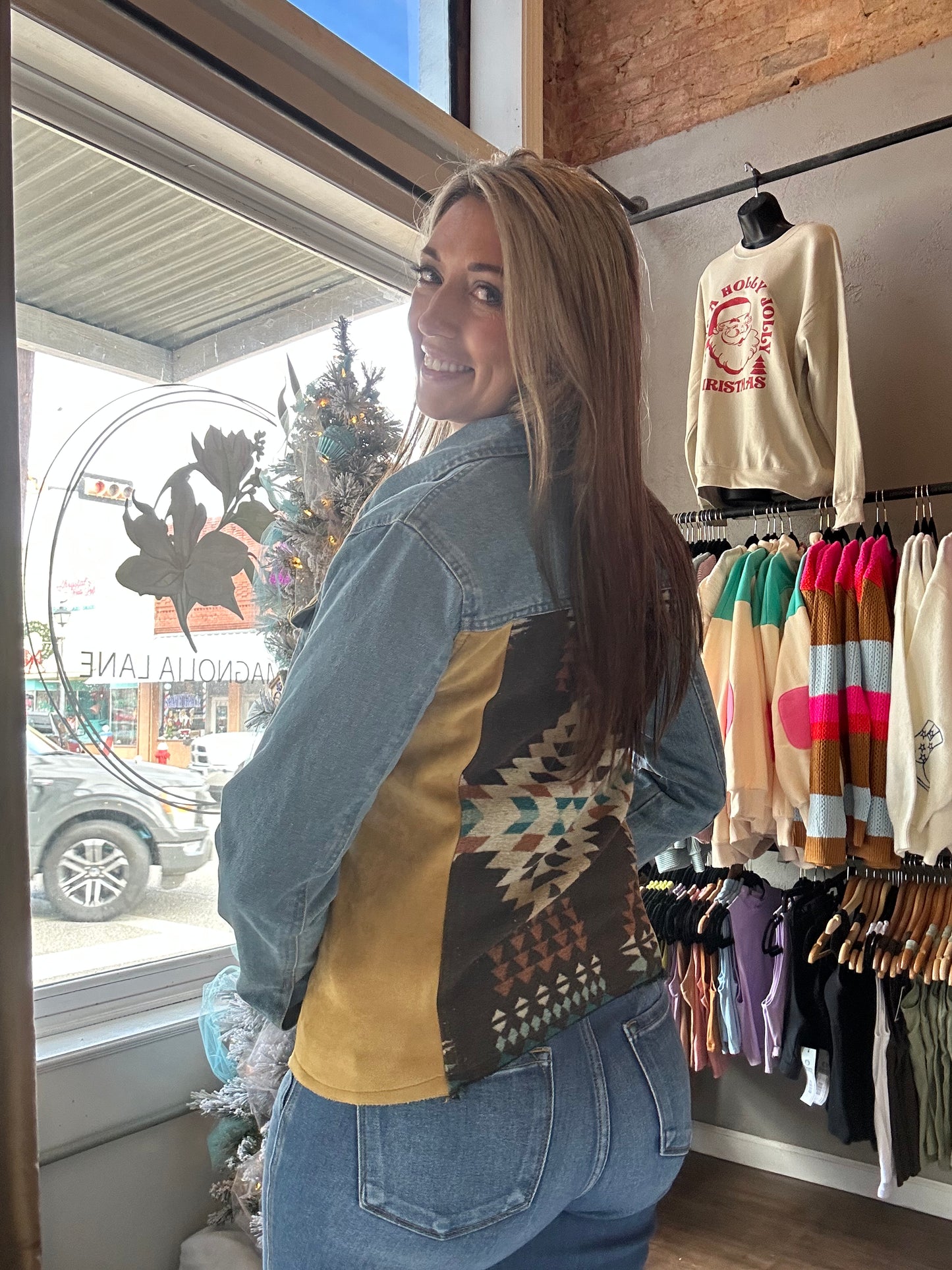 Denim Jacket with Aztec Print and Suede