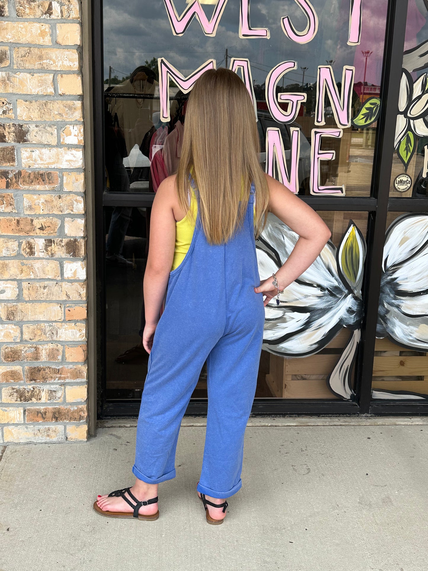 Girls Blue Solid Washed Knit Jumpsuit