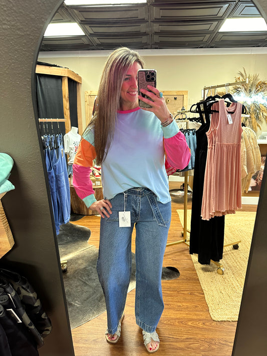 Blue Colorblock Long Sleeve Loose Top