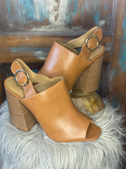 Camel peep toe sling back mule sandal