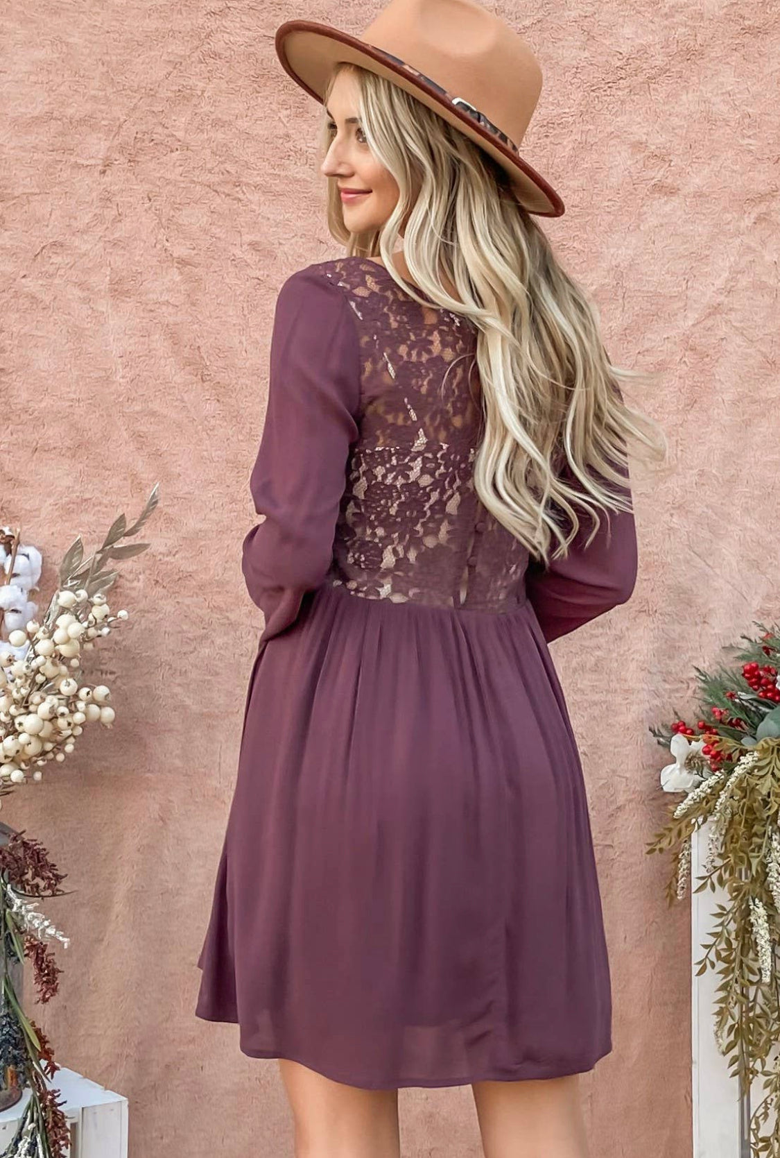 Back Lace Button Down Detail Bell Sleeve Dress