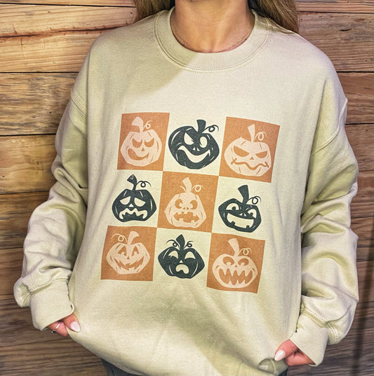 Pumpkin Orange Black Checkered Block Fall Graphic Sweatshirt