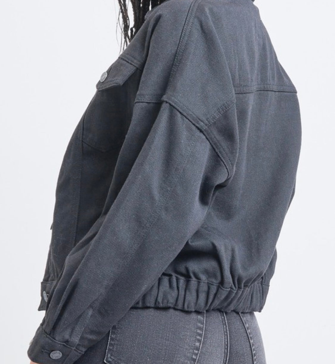 Junior 80's Style Denim Jacket w/elastic hem – West Magnolia Lane