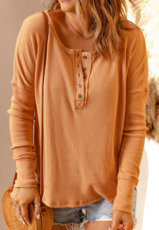 Button Front Waffle Knit Orange Henley available in PLUS!