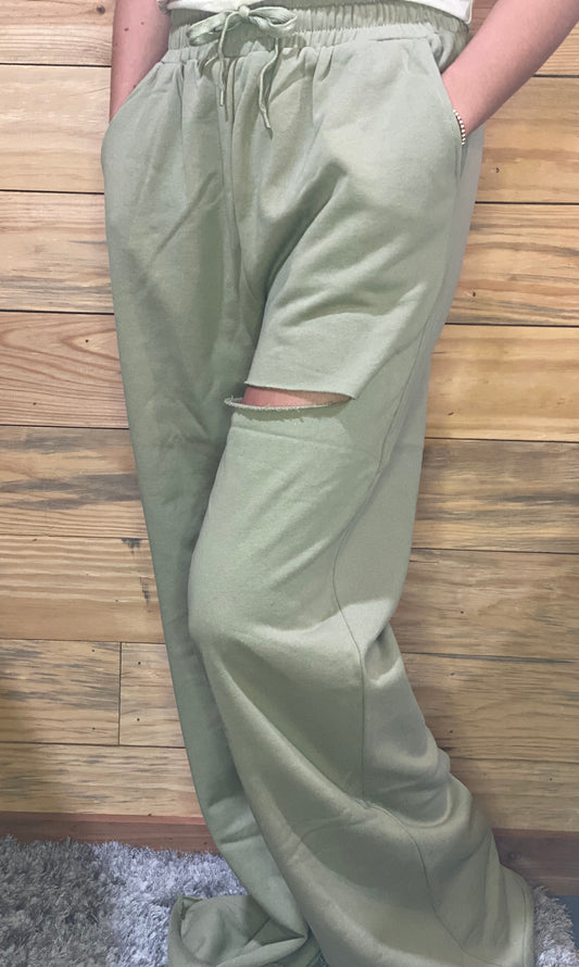 Knit Waist Wide Lounge Pants-Olive Green